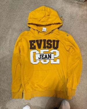 Vintage Evisu Jeans EVG.52 Embroidered Spellout Mustard Yellow Hoodie